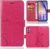 A collage of images showing a pink flip phone case with a floral pattern, a phone inserted into the case, and the case open to reveal card slots. Produktbild-Vorschau
