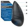 A diagram of a vertical mouse with callouts pointing to different features and buttons. Produktbild-Vorschau