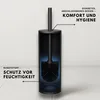 A black toilet brush set inside its holder, with text overlays highlighting its features. Anteprima dell’immagine prodotto