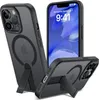 Three views of a black iPhone case with a kickstand and MagSafe ring, shown against a white background. Produktbild-Vorschau