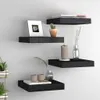 Four black floating shelves mounted on a light gray wall, each displaying various decorative items. Náhľad obrázku produktu