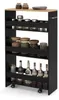 A black four-tier rolling cart filled with various kitchen items like jars of spices, bottles of wine, and other containers. Podgląd zdjęcia produktu