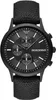 A close-up, front-facing studio shot of a black Emporio Armani watch with a black fabric strap. Voir les images du produit