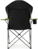 The back view of a black camping chair with gray metal legs and green accents on the armrests. Produktbild-Vorschau