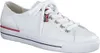 A white leather sneaker with red and blue accents. Produktbild-Vorschau