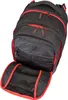 A black backpack with red accents is shown with its front compartment open, revealing its interior. Podgląd zdjęcia produktu