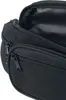 A close-up view of the zippers and fabric of a black hip bag. Produktbild-Vorschau
