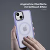 A person's hands are holding a light purple phone case with a transparent back, showing the Apple logo inside. Text is overlaid at the top. Produktbild-Vorschau
