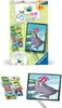 A collage of product packaging and its contents, including small cards with animal illustrations and a larger card with a walrus illustration and a tool for pricking holes. Produktbild-Vorschau