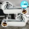 Two chrome wall faucet connectors are shown against a blurred background of a bathroom or interior space. A circular logo with shower and washing machine icons is in the upper right corner. Produktbild-Vorschau