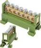 A product shot of a green terminal block with brass connectors and screws, with a smaller inset view of the same product. Produktbild-Vorschau