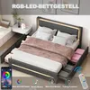 A bedroom scene featuring a bed with LED lighting and storage drawers, along with a smartphone displaying a color selection app. Anteprima dell’immagine prodotto