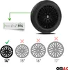 A car wheel with a black hubcap is shown, along with examples of different sized hubcaps with checkmarks and crosses indicating compatibility. Produktbild-Vorschau