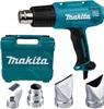 A Makita heat gun and its accessories are displayed on a white background, along with its carrying case. Podgląd zdjęcia produktu