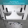 A top-down view of a shower enclosure with close-up insets highlighting the aluminum trim and floor seal. Produktbild-Vorschau
