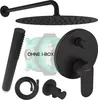 A collection of black bathroom fixtures, including a showerhead, handheld shower, control valve, hose, and wall mount, with a green in-wall shower valve partially visible. Produktbild-Vorschau