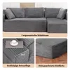 Collage of images showing a dark gray corduroy sectional sofa, highlighting its features like ergonomic cushions, armrest size, and seat depth. Produktbild-Vorschau