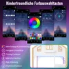 A collage of app screenshots showing a color wheel and music playback, alongside a partial view of a white and wood-colored house-like structure with LED lighting. Produktbild-Vorschau