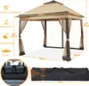 A pop-up gazebo with dimensions and features indicated by text and icons, and a separate image showing the gazebo packed in a bag and inside a car trunk. Produktbild-Vorschau