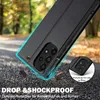 A black phone case is shown on a textured surface with blurred trees and foliage in the background. Produktbild-Vorschau