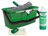 A set of window cleaning tools including a bucket, squeegee, scrubber, cleaning liquid, and a scraper, arranged on a white background. Podgląd zdjęcia produktu