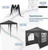 Collage showing different stages of setting up a gazebo and its storage bag, with text describing the storage bag. Produktbild-Vorschau