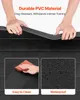 Close-up shots of a black mat, one showing a hand cleaning it, the other showing water droplets on its surface. The top of the image shows hands holding a piece of the mat, with text describing its durability. Podgląd zdjęcia produktu