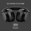 A pair of black over-ear headphones is shown against a dark gray background, with text highlighting features. Podgląd zdjęcia produktu