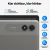 Close-up of the back of a tablet device, highlighting camera features with text overlays and icons. Produktbild-Vorschau