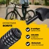 A close-up of a bicycle lock with promotional text and graphics, with a blurred background of a person and a bicycle. Produktbild-Vorschau