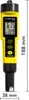 A yellow and black digital pH tester with a display showing readings and measurement units, along with dimension indicators. Produktbild-Vorschau