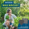 A woman is gardening and holding plants, with plant markers in the foreground. Produktbild-Vorschau