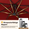 Close-up view of the underside of a red umbrella with its metal frame and ribs illuminated by yellow lights. A separate inset shows several silver metal tubes. Náhled obrázku produktu