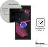 A close-up view of a phone screen protector with marketing text and icons. Voir les images du produit
