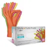A box of colorful nitrile examination gloves with a stack of gloves in the background. Produktbild-Vorschau