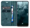 A teal flip-style phone case with card slots and a smartphone displaying the time and date. Produktbild-Vorschau