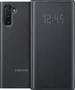 A black Samsung Galaxy Note 10 flip case is shown, with the front cover displaying the time. Produktbild-Vorschau