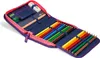 An open pencil case filled with colored pencils, a ruler, an eraser, and a sharpener. Produktbild-Vorschau