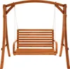 A wooden garden swing set with a bench seat, suspended by chains from an arched frame. Náhled obrázku produktu