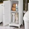 A white bathroom cabinet with its door open, showing various cleaning products and baskets inside, next to a toilet. Produktbild-Vorschau