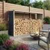 An outdoor patio scene with a firewood storage unit filled with logs, a fire pit, and seating. Podgląd zdjęcia produktu