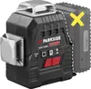 A Parkside Performance 20V cordless cross-line laser is shown, with a dashed outline indicating a battery and charger are not included, and a yellow 'X' overlaying the battery area. Produktbild-Vorschau
