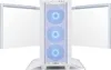 A white computer case with three illuminated blue fans on the front, and two transparent side panels extended outwards. Anteprima dell’immagine prodotto