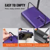 A collage of images showing how to empty a purple manual carpet sweeper. Náhled obrázku produktu