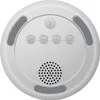 A top-down view of a white, circular alarm clock with gray accents and buttons. Produktbild-Vorschau
