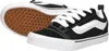 A pair of black Vans Knu Skool sneakers with white laces and a white side stripe, shown from a diagonal angle with one shoe on its side revealing the sole. Voir les images du produit