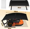A product image showing a lawnmower garage with dimensions and a lawnmower underneath. Produktbild-Vorschau