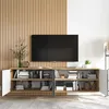 A TV stand with a television on top, set against a slatted wooden wall. Produktbild-Vorschau