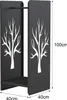 A black metal firewood rack with a tree silhouette design, shown with dimensions. Voir les images du produit