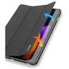 A dark grey tablet case is shown partially open, revealing the tablet screen with colorful graphics. Arrows indicate airflow, suggesting a cooling feature. Produktbild-Vorschau